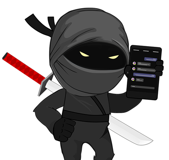Cartoon ninja holding an unlocked phone showing chat messages